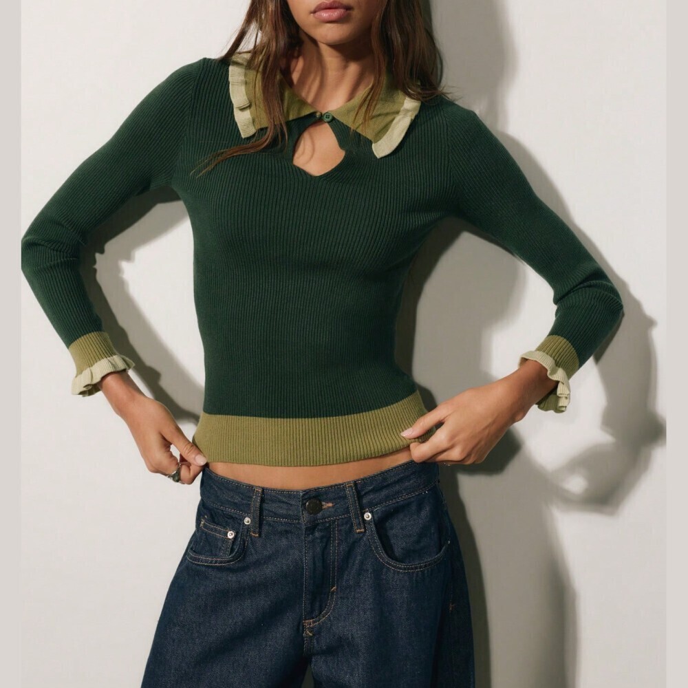 Kelley / Olive Green Ribbed Knit Colorblock Ruffle Collar Keyhole Slim Top